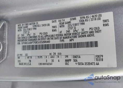 2014 Ford Escape S из США, поврежденный, VIN 1FMCU0F70EUD29640